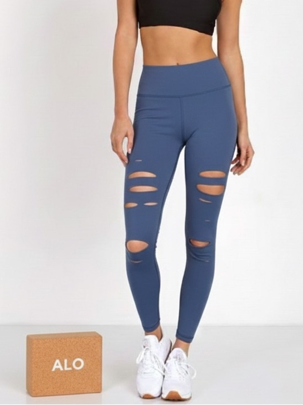 New ALO Yoga Blue High-Waist Ripped Warrior Cut Out Leggings
